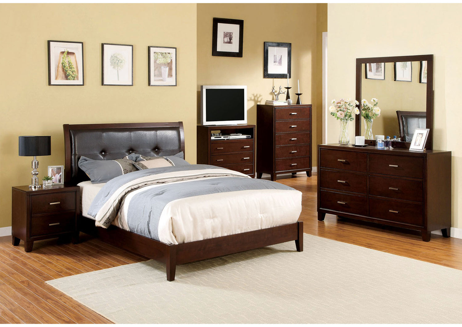 Enrico I Brown Eastern King Platform Bed w/Dresser and Mirror