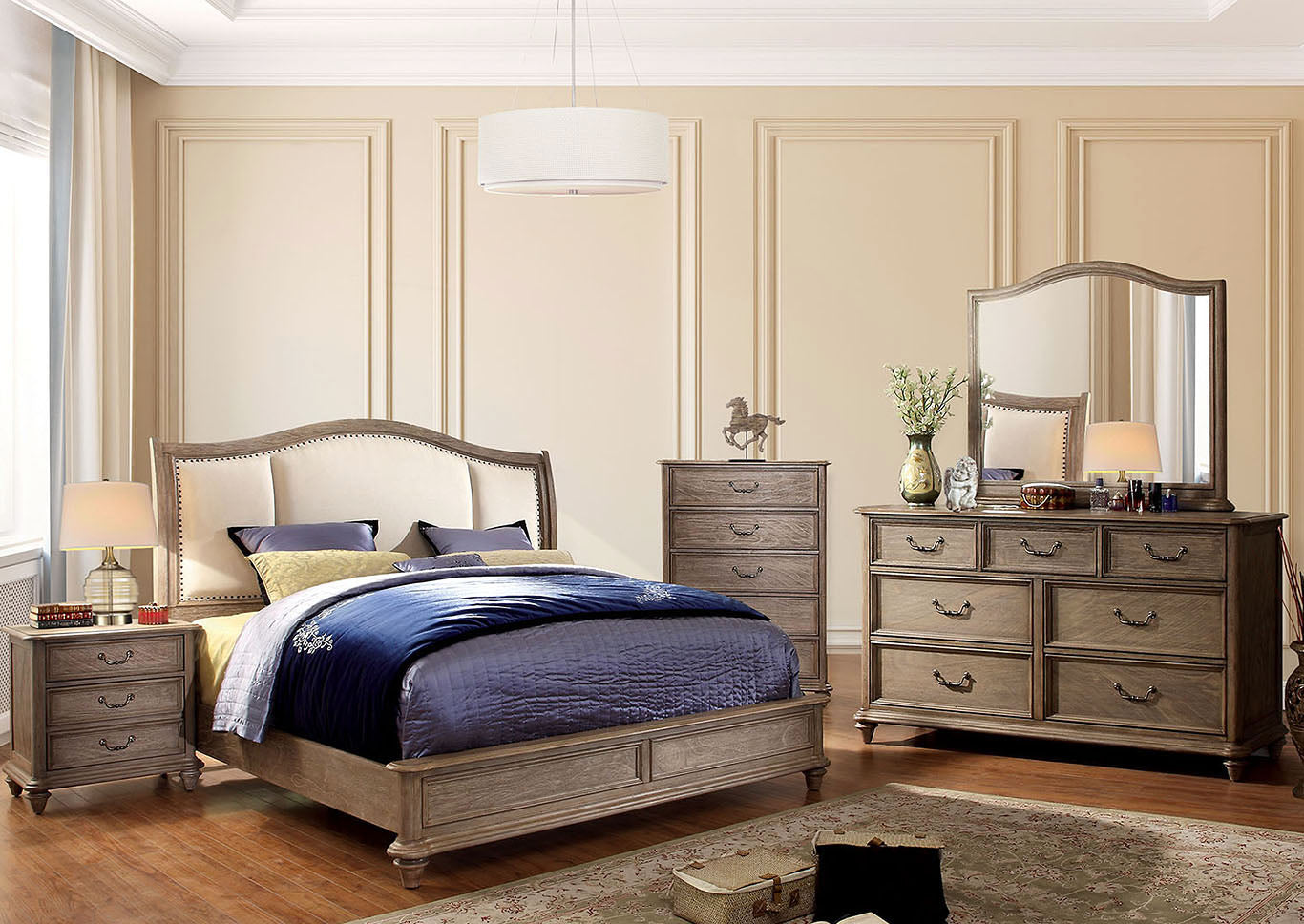 Belgrade II Rustic Natural Tone Queen Upholstered Platform Bed w/Dresser and Mirror