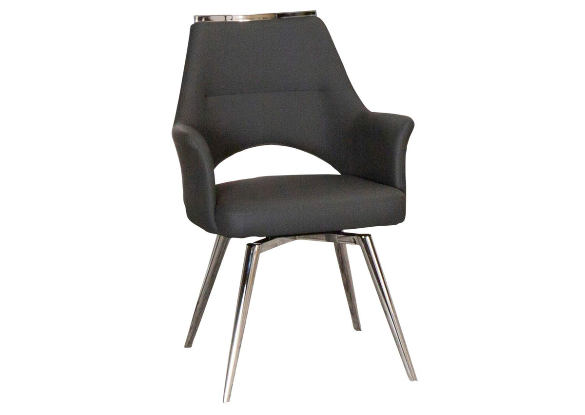CR-G5033-01 Sunset Trading Atlas Upholstered Swivel Dining Chair w Arms | Padded Bucket Seat Kitchen Armchair | Polished Chrome Legs on Rotating Base | Dark Gray Fabric Upholstery | Modern Contemporary Accent Seat