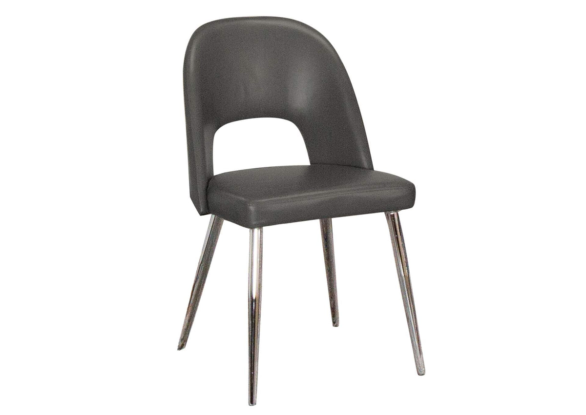 CR-ND446-01-2 Sunset Trading Mia Faux Leather Dining Chair | Polished Chrome Silver Tapered Legs | Charcoal Gray Padded Seat with Arched Open Back | Set of 2 | Contemporary, Mid-Century Modern Kitchen Sidechairs
