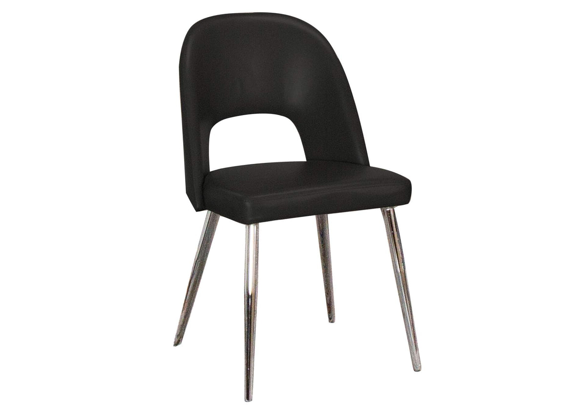 CR-ND446-03-2 Sunset Trading Mia Faux Leather Dining Chair | Polished Chrome Silver Tapered Legs | Black Padded Seat with Arched Open Back | Set of 2 | Contemporary, Mid-Century Modern Kitchen Sidechairs