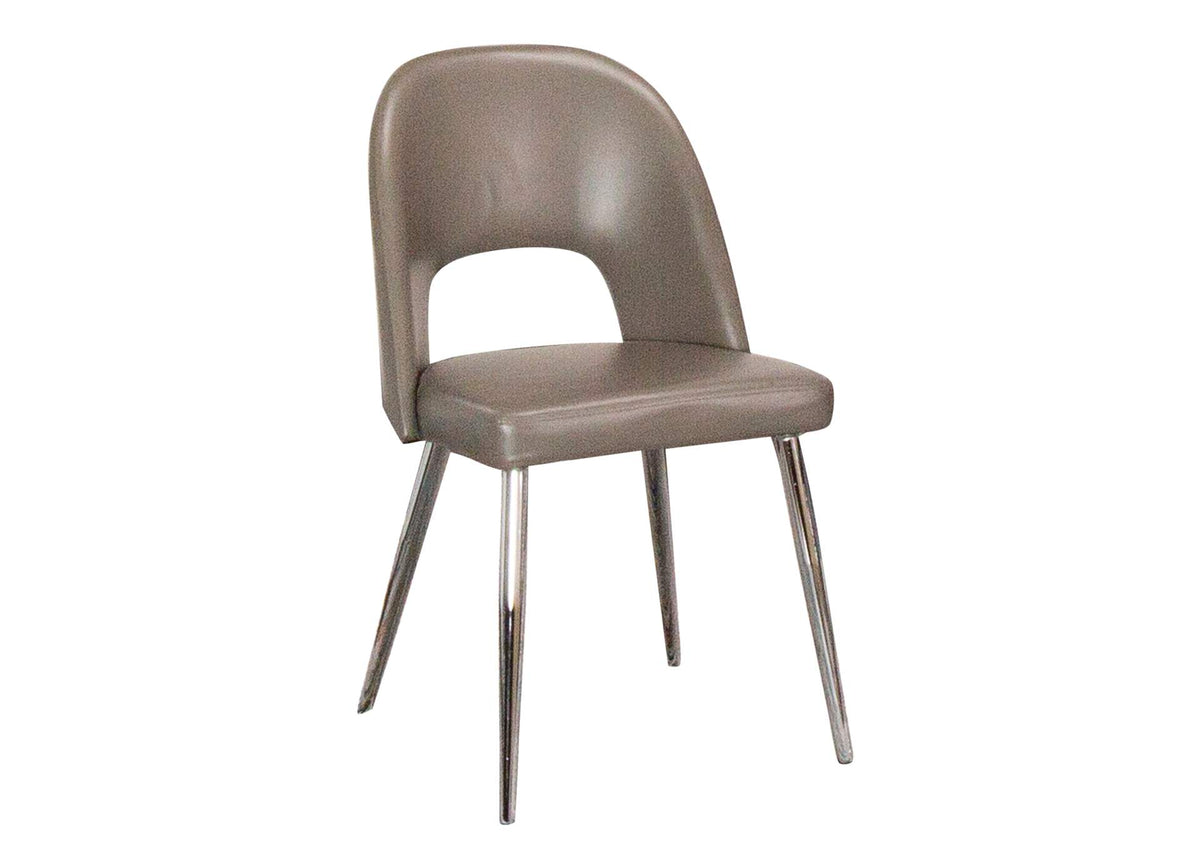 CR-ND446-09-2 Sunset Trading Mia Faux Leather Dining Chair | Polished Chrome Silver Tapered Legs | Mushroom Taupe Gray Padded Seat w Arched Open Back | Set of 2 | Contemporary Mid-Century Modern Kitchen Sidechairs