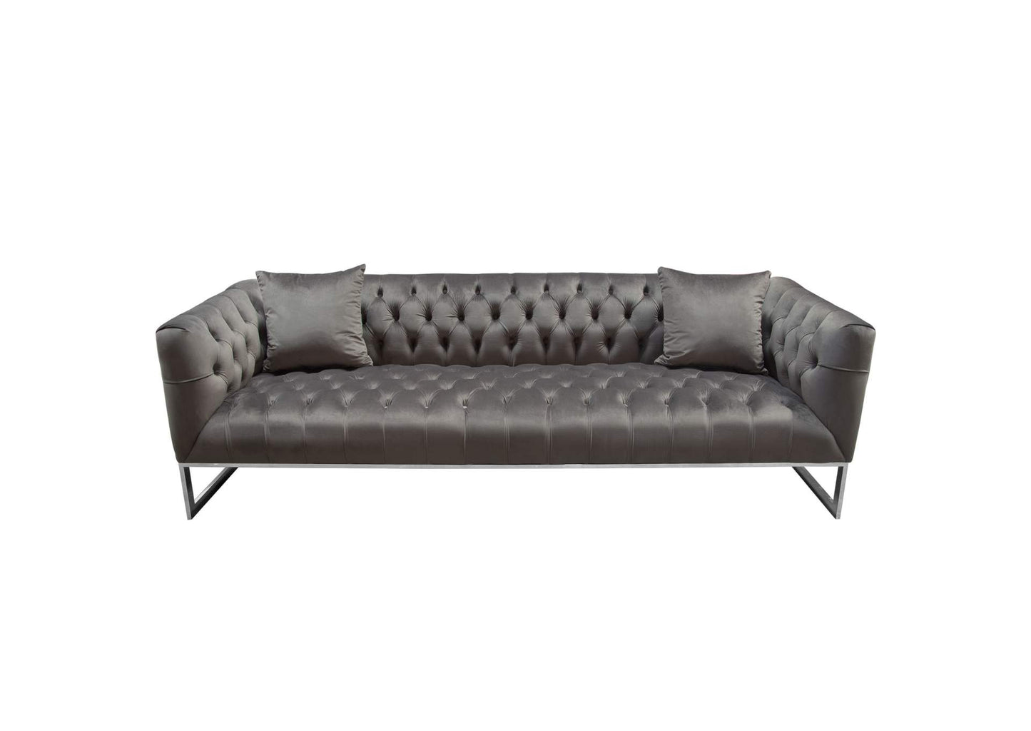 Crawford Tufted Sofa in Dusk Grey Velvet w/ Polished Metal Leg & Trim by Diamond Sofa