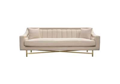 Croft Fabric Sofa in Sand Linen Fabric w/ Accent Pillows and Gold Metal Criss-Cross Frame by Diamond Sofa
