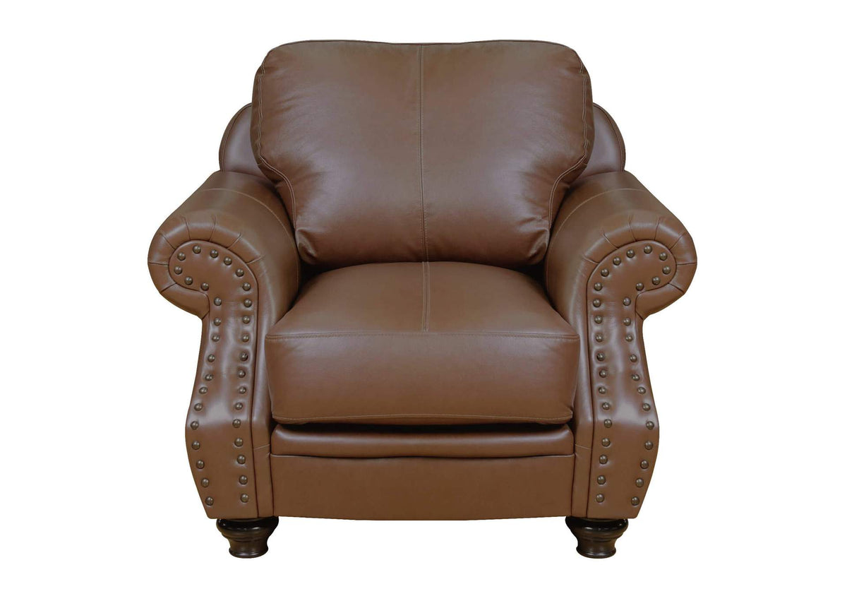SU-CR2130-86-100LF Sunset Trading Charleston 42" Wide Top Grain Leather Armchair | Chestnut Brown Rolled Arm Accent Chair with Nailheads