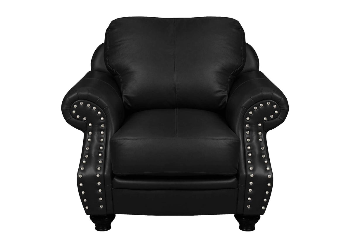 SU-CR2130-80-100LF Sunset Trading Charleston 42" Wide Top Grain Leather Armchair | Black Rolled Arm Accent Chair with Nailheads