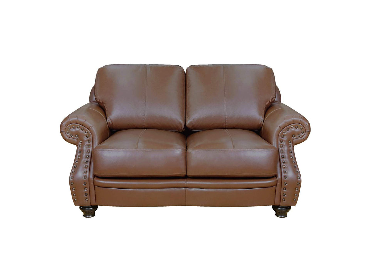 SU-CR2130-86-200LF Sunset Trading Charleston 63" Wide Top Grain Leather Loveseat | Chestnut Brown Rolled Arm Small Couch with Nailheads