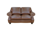 SU-CR2130-86-200LF Sunset Trading Charleston 63" Wide Top Grain Leather Loveseat | Chestnut Brown Rolled Arm Small Couch with Nailheads