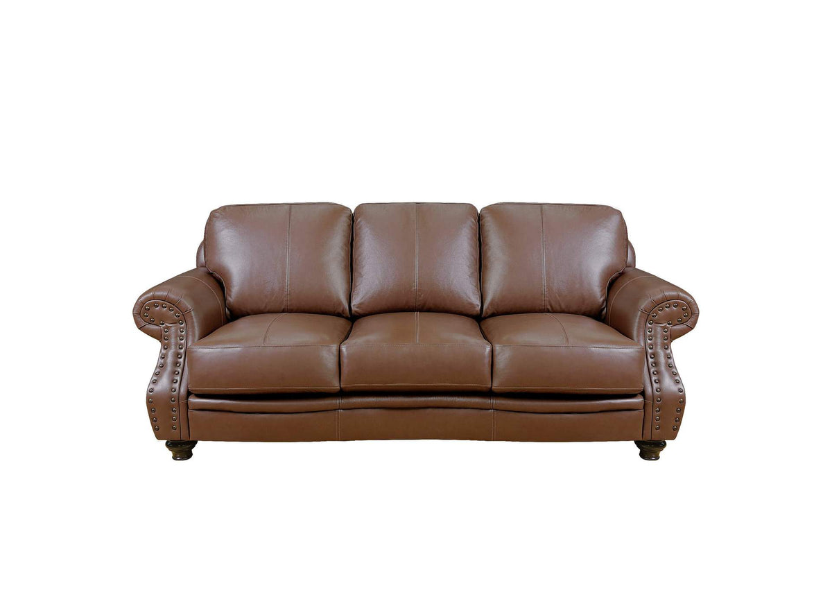 SU-CR2130-86-300LF Sunset Trading Charleston 86" Wide Top Grain Leather Sofa | Chestnut Brown 3 Seater Rolled Arm Couch with Nailheads