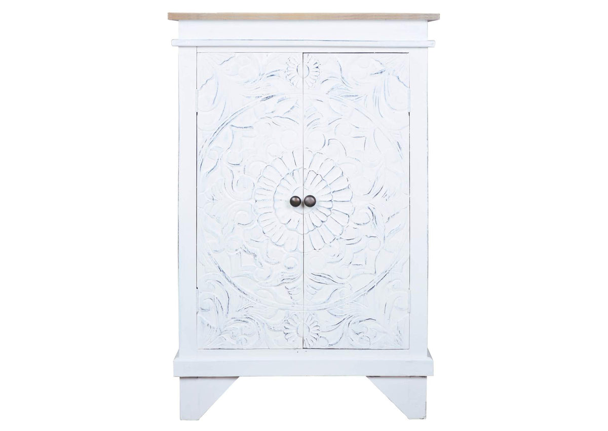 CC-CAB236TLD-WWDW Sunset Trading Cottage Solid Wood Carved Accent Cabinet | Distressed White/Driftwood Brown | Fully Assembled