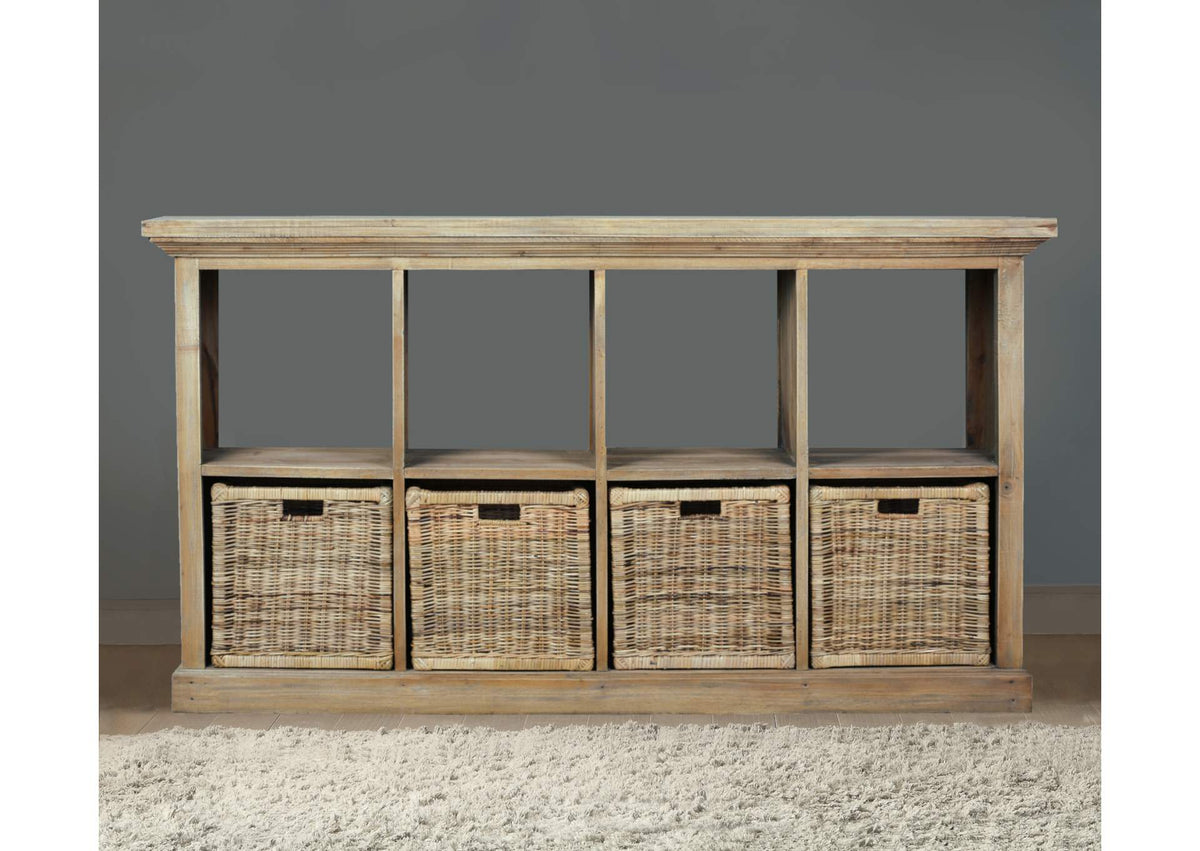 CC-CDC011S-DW Sunset Trading Cottage Provincial Storage Cabinet | 8 Shelves 4 Rattan Baskets | Driftwood Brown Solid Wood | Fully Assembled Entryway Foyer Table