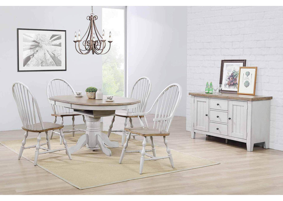 DLU-CG4260-30AGOB6 Sunset Trading Country Grove Round or Oval Extendable Dining Table Set | 2 Arm Chairs | Buffet | Distressed Gray and Brown Wood