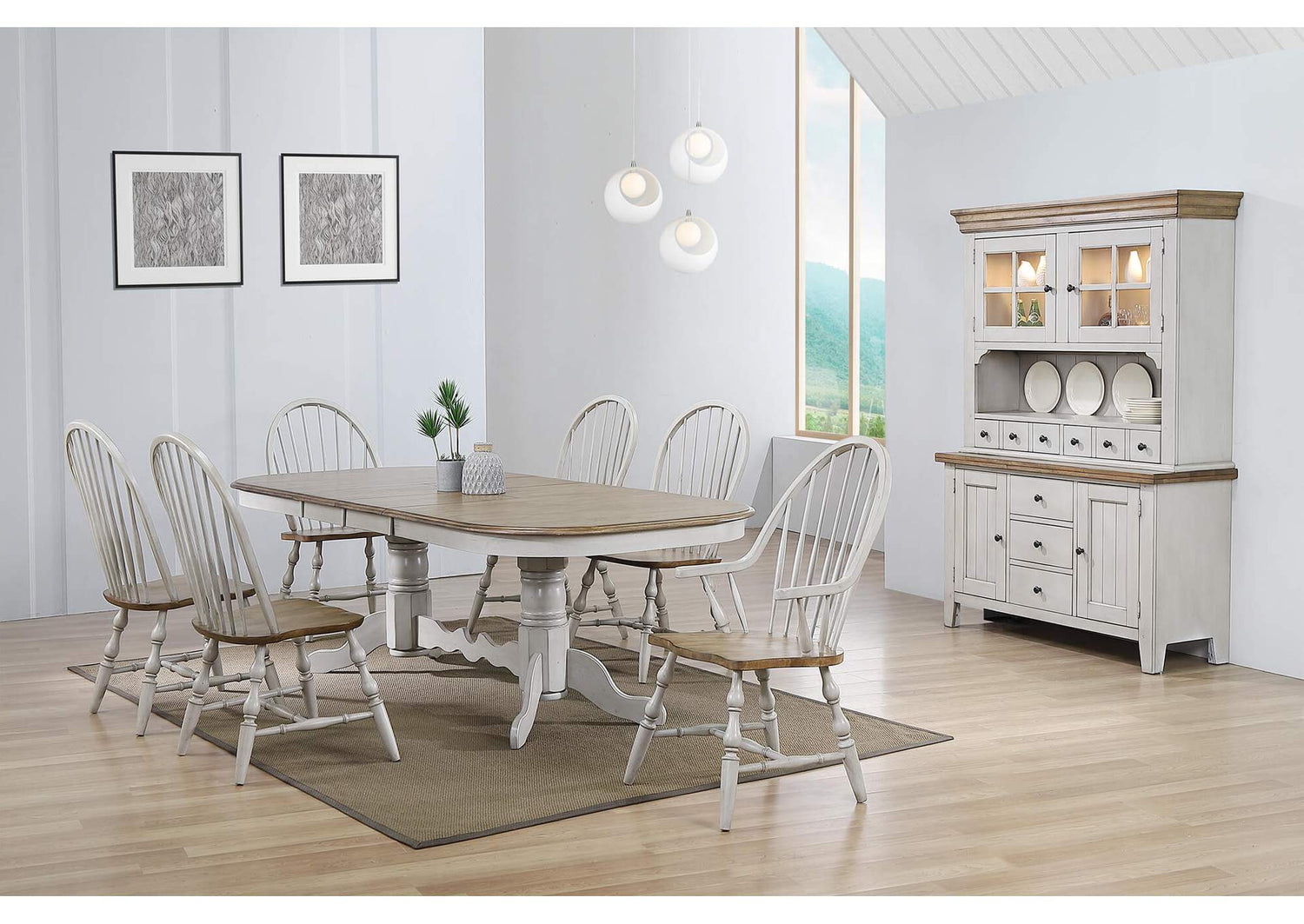 DLU-CG4296-30AGOBH8 Sunset Trading Country Grove 8 Piece Double Pedestal Extendable Dining Table Set | 2 Arm Chairs | Lighted China Cabinet | Distressed Gray and Brown Wood