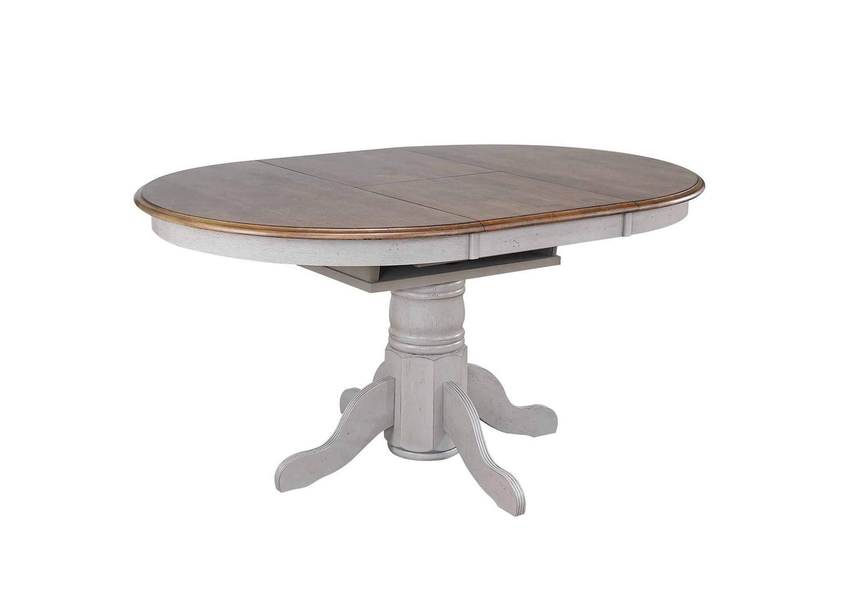 DLU-CG4260-30AGO5 Sunset Trading Country Grove Round or Oval Extendable Dining Table Set | 2 Arm Chairs | Distressed Gray and Brown Wood