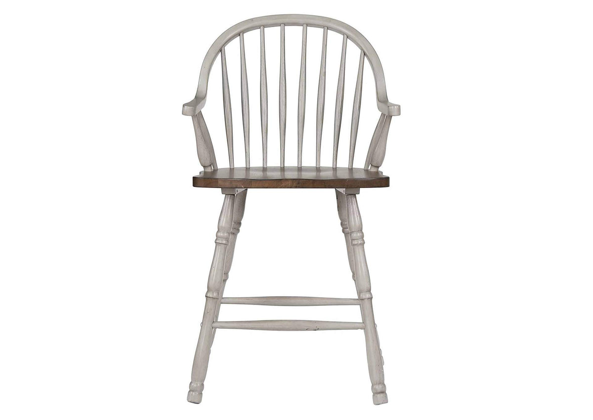 DLU-CG-B3024A-GO-2 Sunset Trading Country Grove 24" Windsor Bar and Counter Stool with Arms | Distressed Gray and Brown Wood | Set of 2