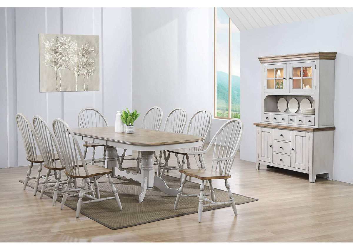 DLU-CG4296-30AGOBH10 Sunset Trading Country Grove 10 Piece Double Pedestal Extendable Dining Table Set | 2 Arm Chairs | Lighted China Cabinet | Distressed Gray and Brown Wood