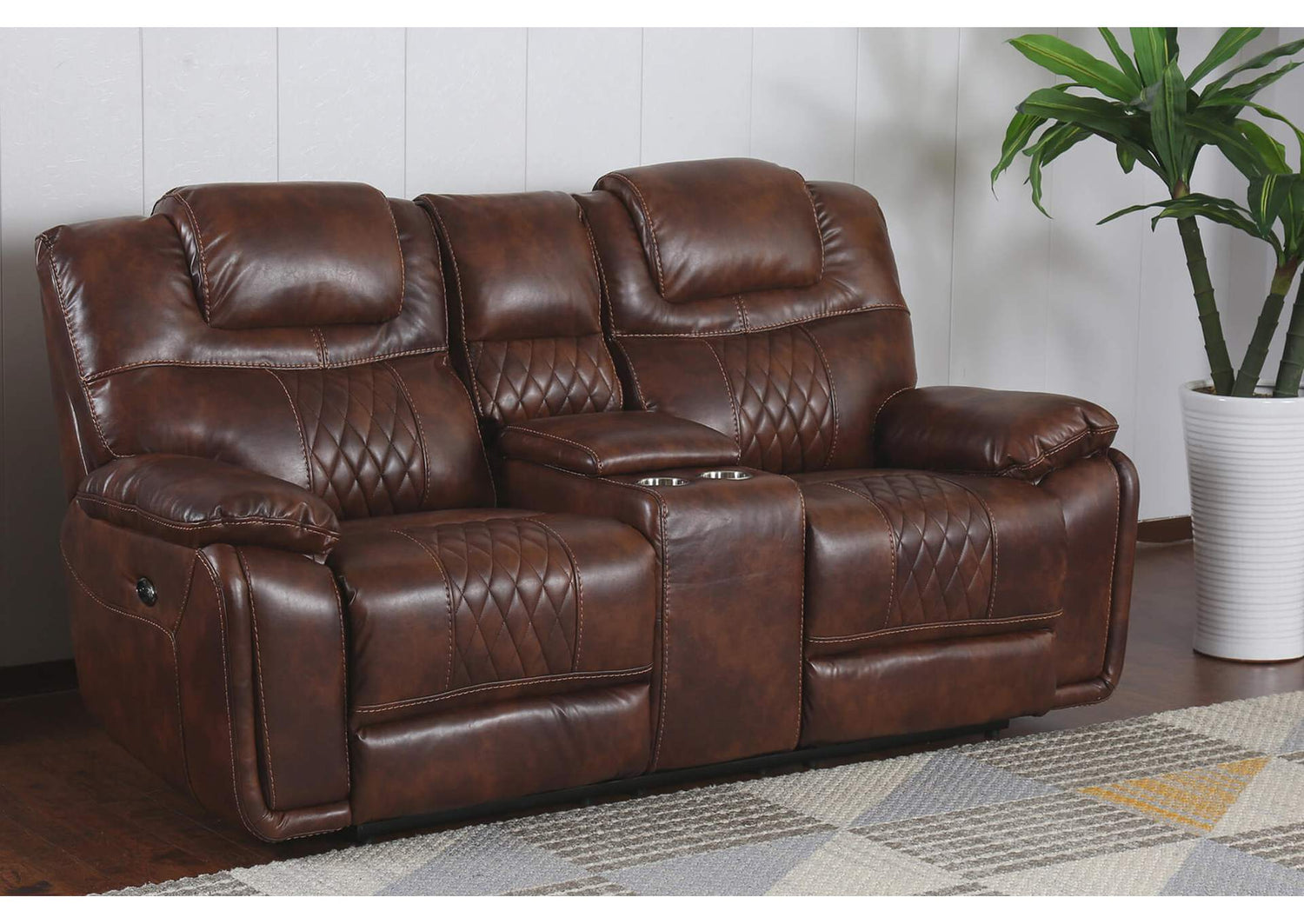 SU-ZY5018A002-H246 Sunset Trading Diamond Power Dual Reclining Loveseat| Center Console with Cup Holders |Brown Leather Gel