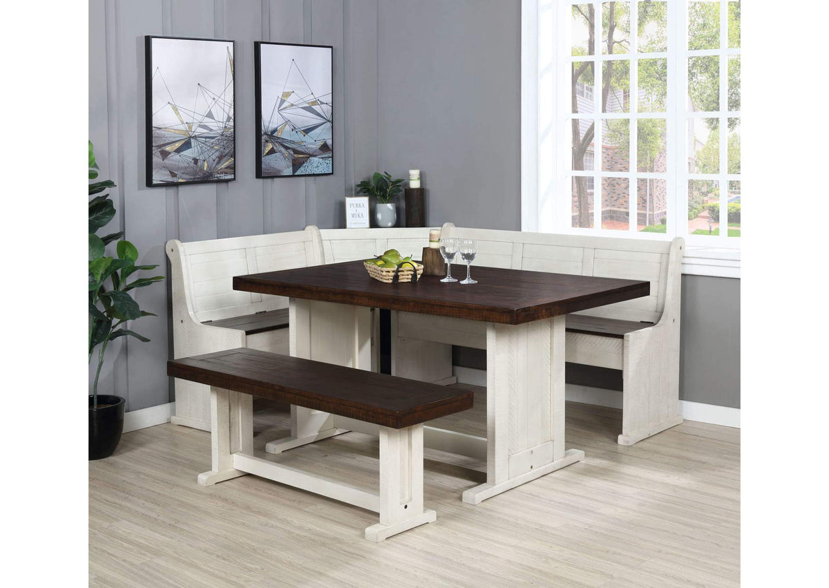 VH-9400-CB Sunset Trading Sunny Dining Nook Table Set | Distressed Cream/Brown Wood | Kitchen Corner Storage Bench Seating