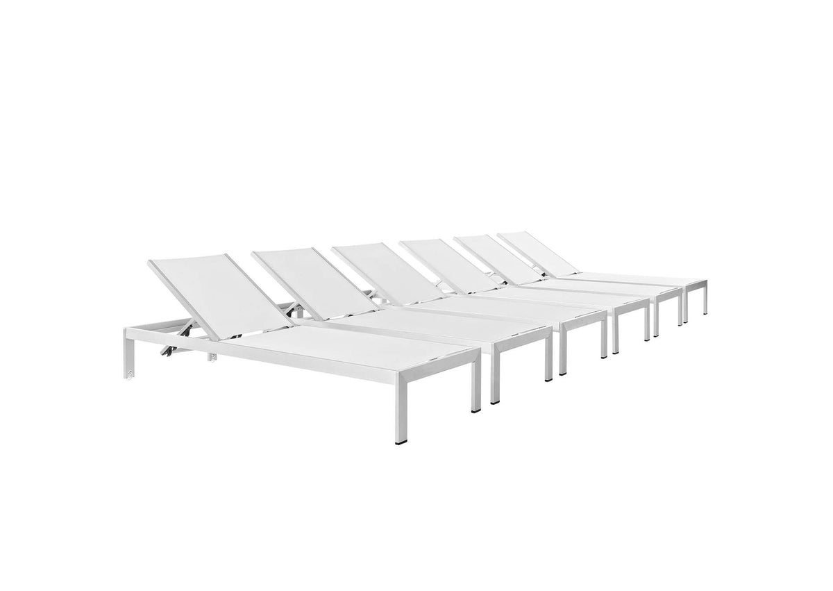EEI-2474-SLV-WHI-SET Shore Outdoor Patio Aluminum Chaise Set Of 6 By Modway