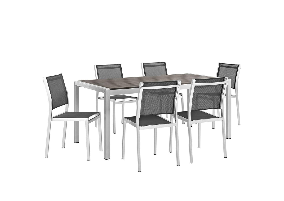 EEI-2485-SLV-BLK-SET Shore 7 Piece Outdoor Patio Aluminum Dining Set By Modway