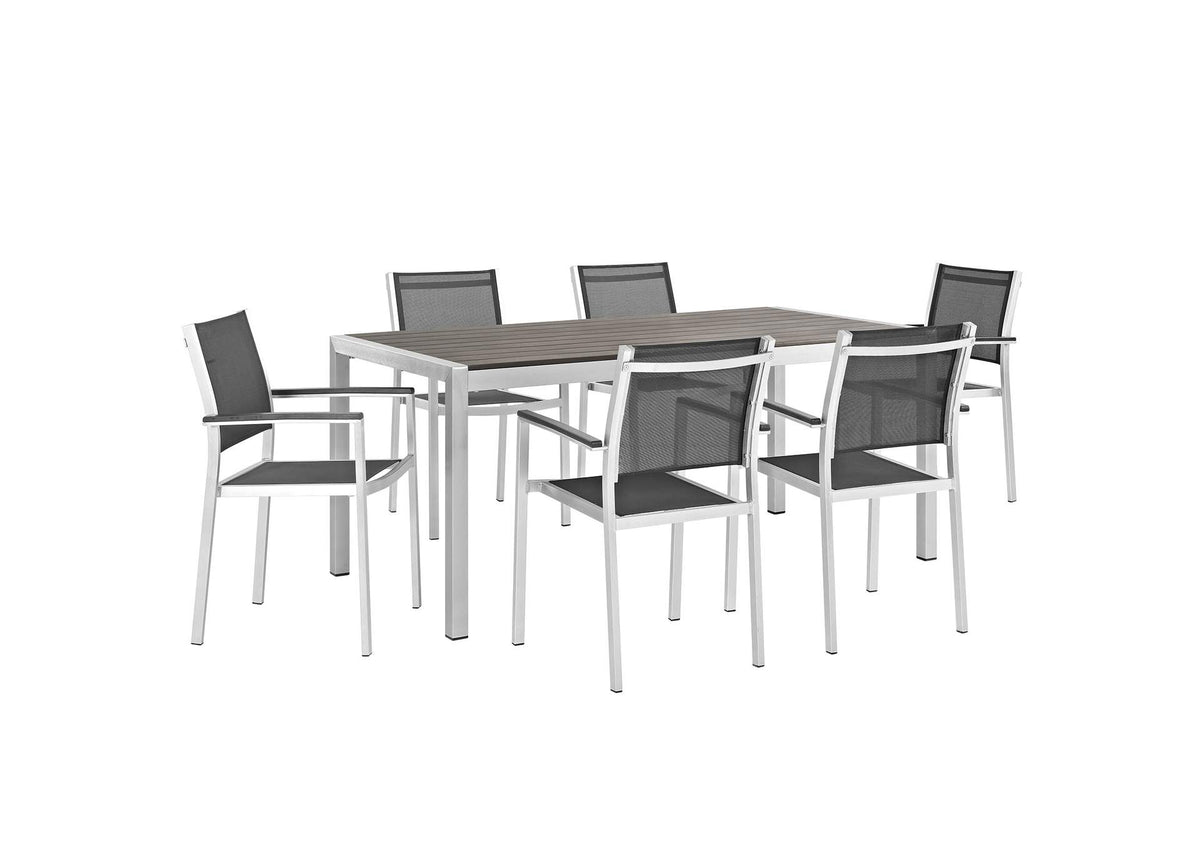 EEI-2486-SLV-BLK-SET Shore 7 Piece Outdoor Patio Aluminum Dining Set By Modway