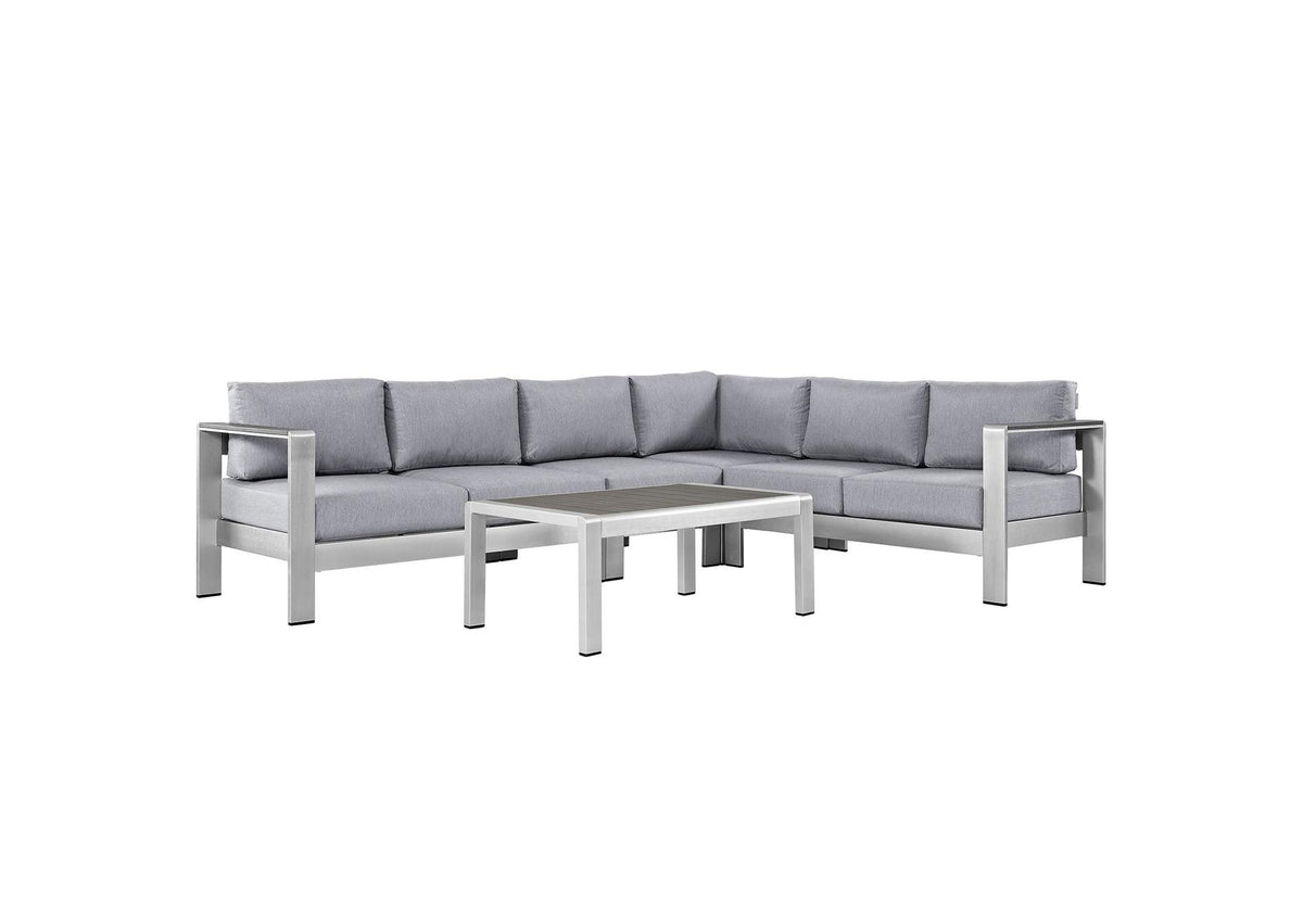 EEI-2557-SLV-GRY Shore 5 Piece Outdoor Patio Aluminum Sectional Sofa Set By Modway