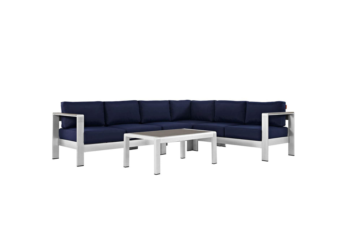 EEI-2557-SLV-NAV Shore 5 Piece Outdoor Patio Aluminum Sectional Sofa Set By Modway