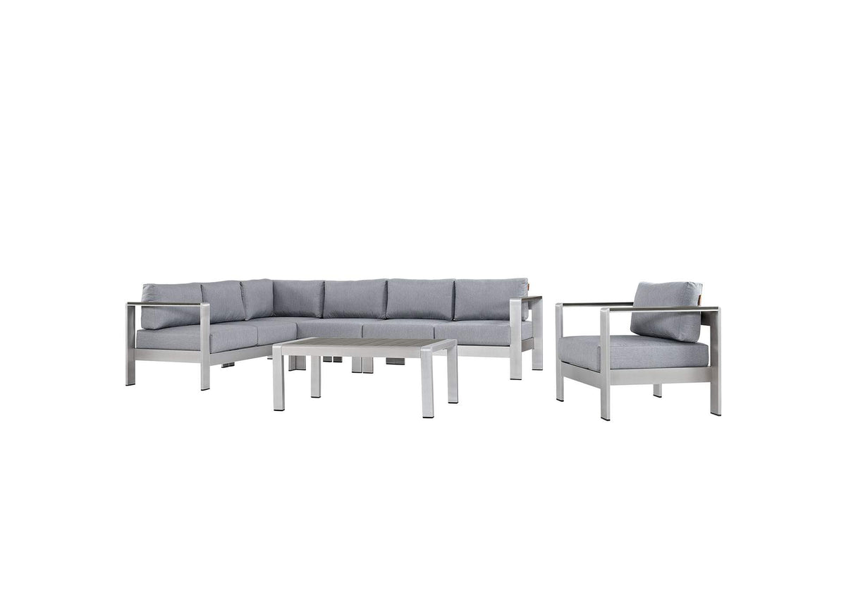 EEI-2558-SLV-GRY Shore 6 Piece Outdoor Patio Aluminum Sectional Sofa Set By Modway