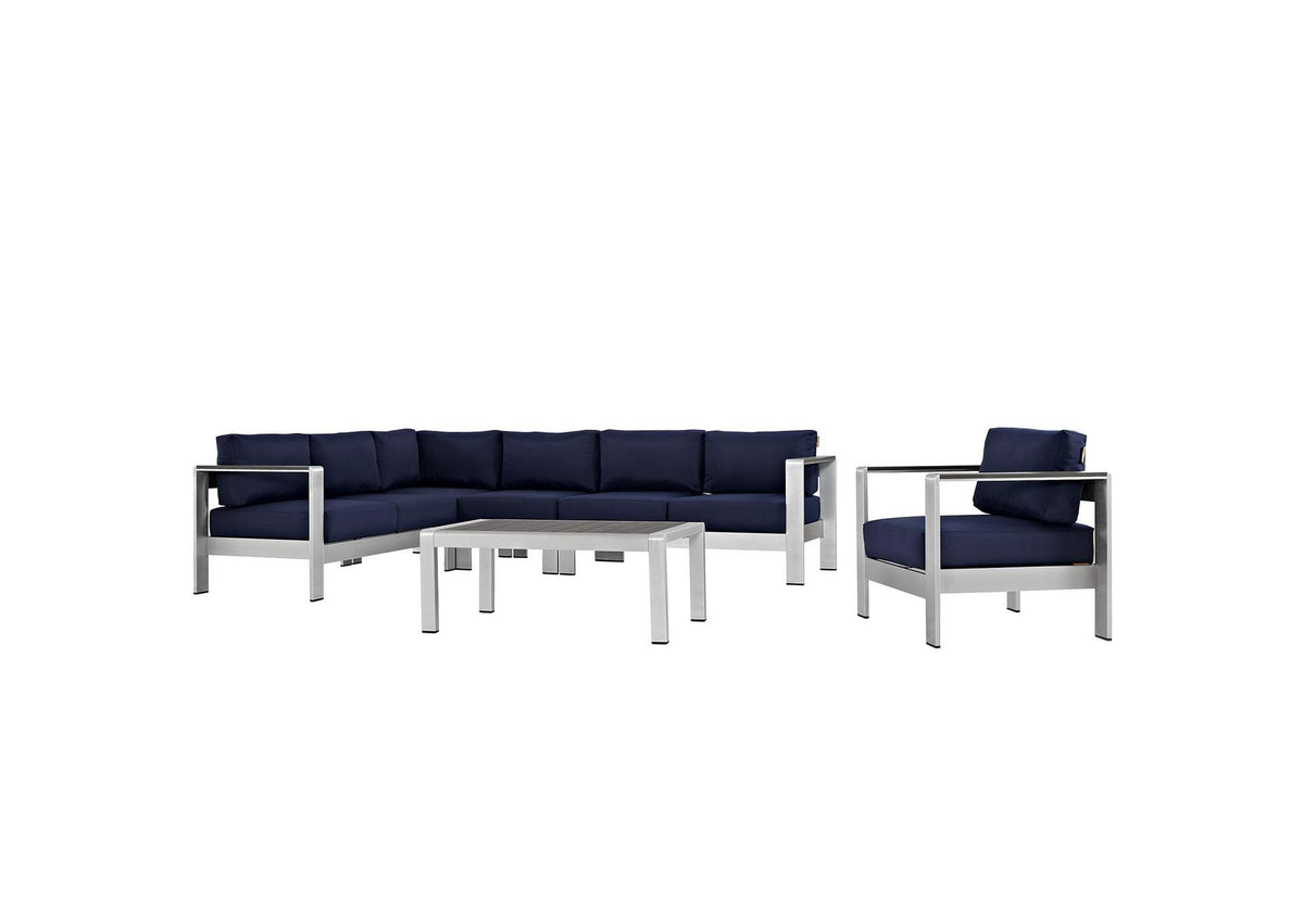 EEI-2558-SLV-NAV Shore 6 Piece Outdoor Patio Aluminum Sectional Sofa Set By Modway