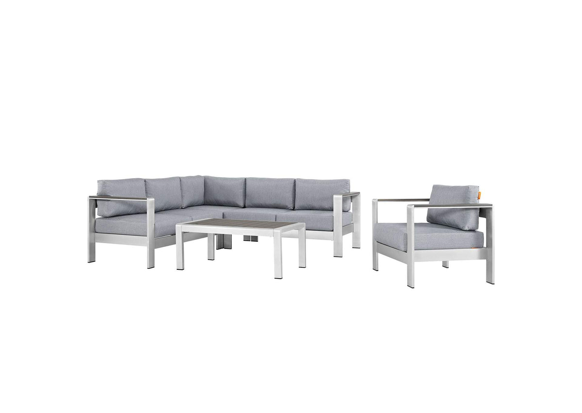 EEI-2560-SLV-GRY Shore 5 Piece Outdoor Patio Aluminum Sectional Sofa Set By Modway
