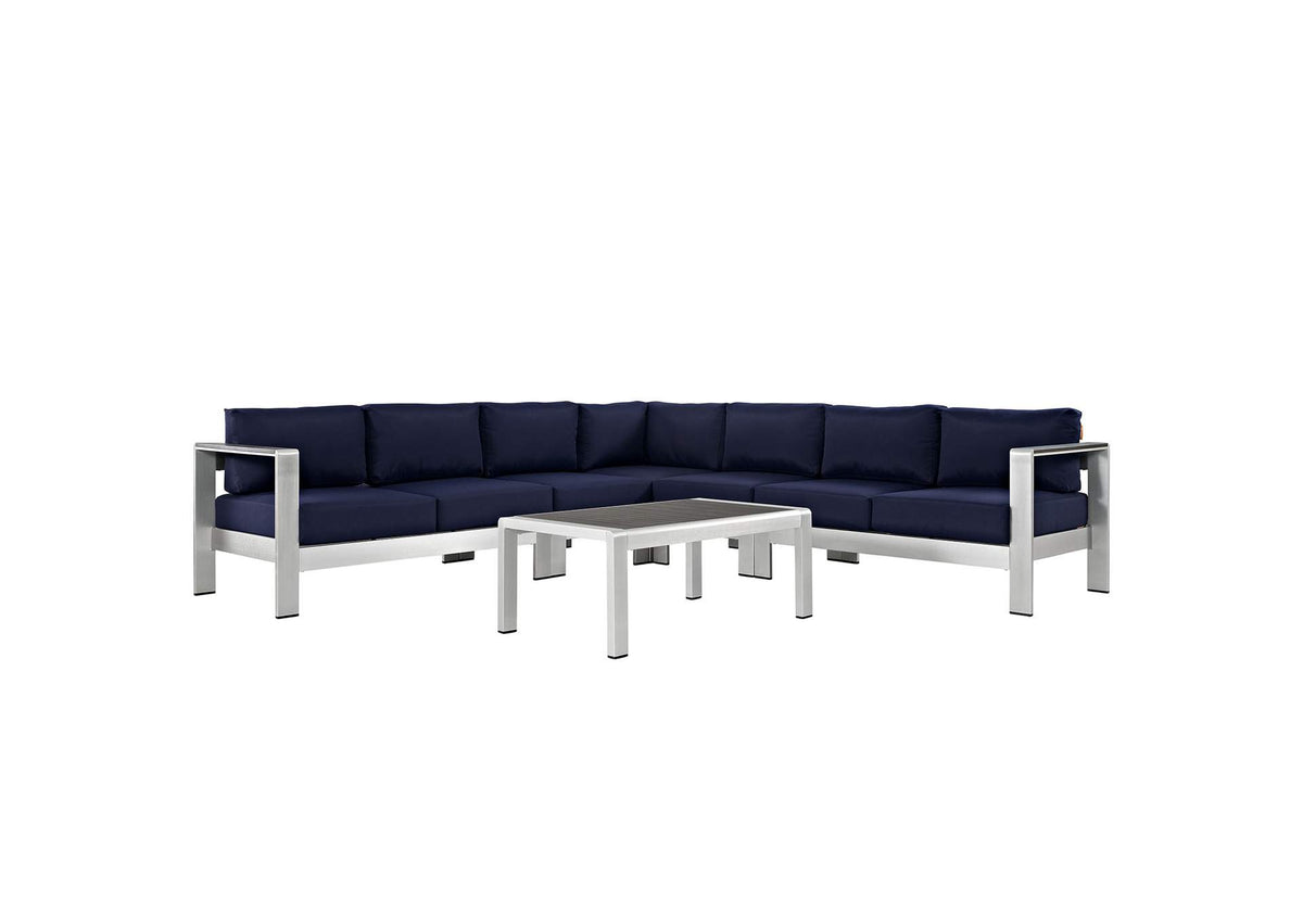 EEI-2561-SLV-NAV Shore 6 Piece Outdoor Patio Aluminum Sectional Sofa Set By Modway