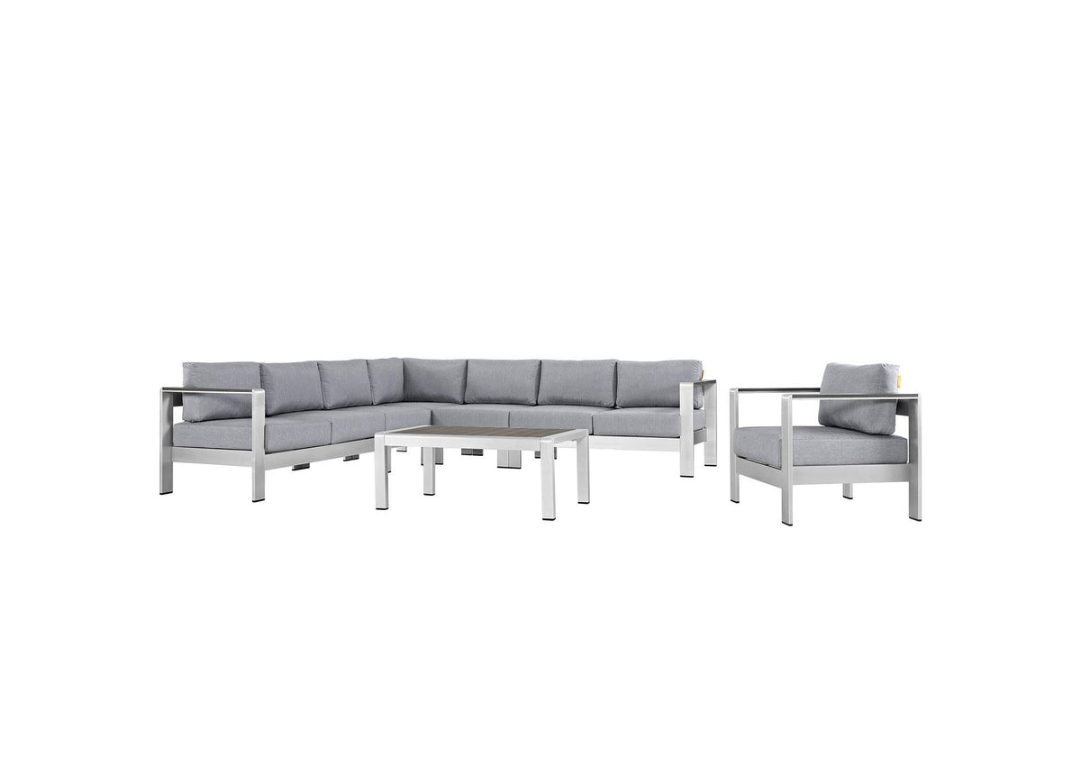 EEI-2562-SLV-GRY Shore 7 Piece Outdoor Patio Aluminum Sectional Sofa Set By Modway
