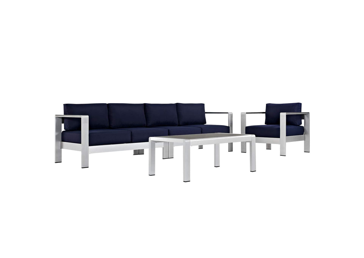 EEI-2563-SLV-NAV Shore 4 Piece Outdoor Patio Aluminum Sectional Sofa Set By Modway