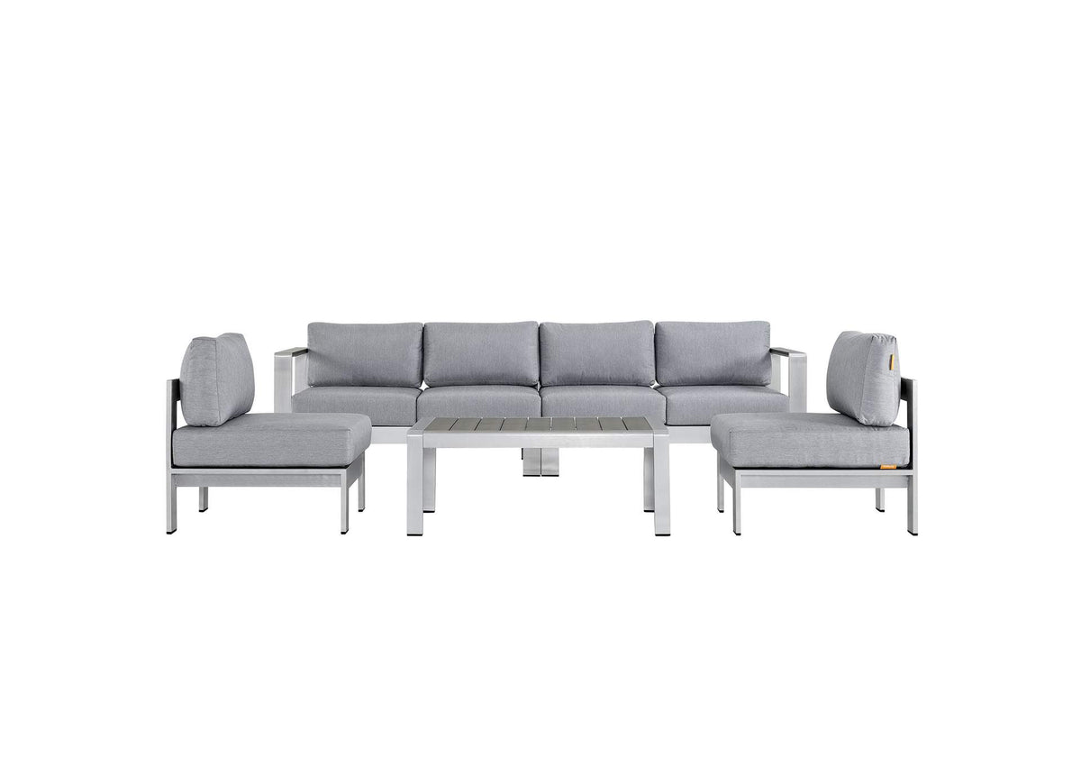 EEI-2564-SLV-GRY Shore 5 Piece Outdoor Patio Aluminum Sectional Sofa Set By Modway