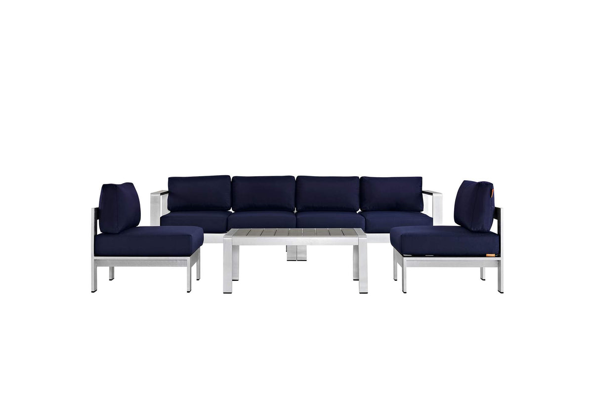 EEI-2564-SLV-NAV Shore 5 Piece Outdoor Patio Aluminum Sectional Sofa Set By Modway