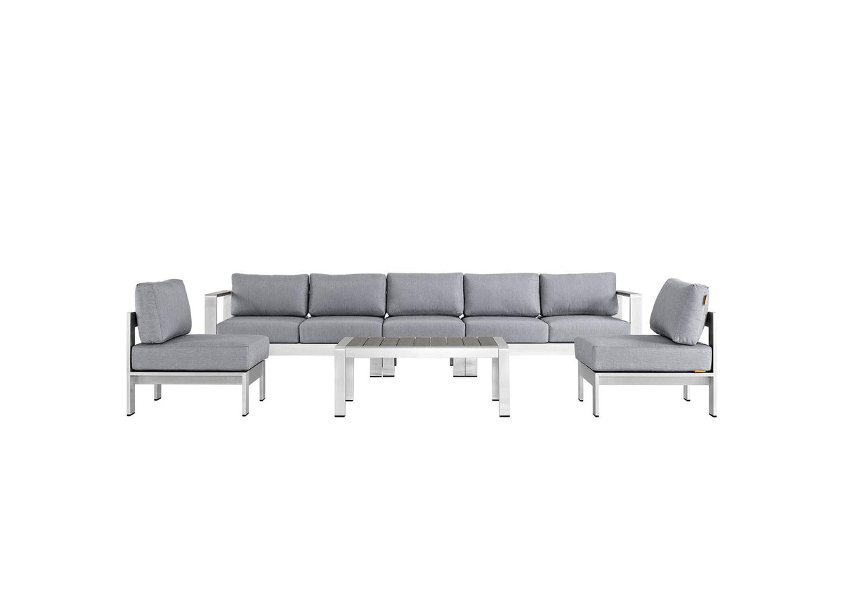 EEI-2565-SLV-GRY Shore 6 Piece Outdoor Patio Aluminum Sectional Sofa Set By Modway