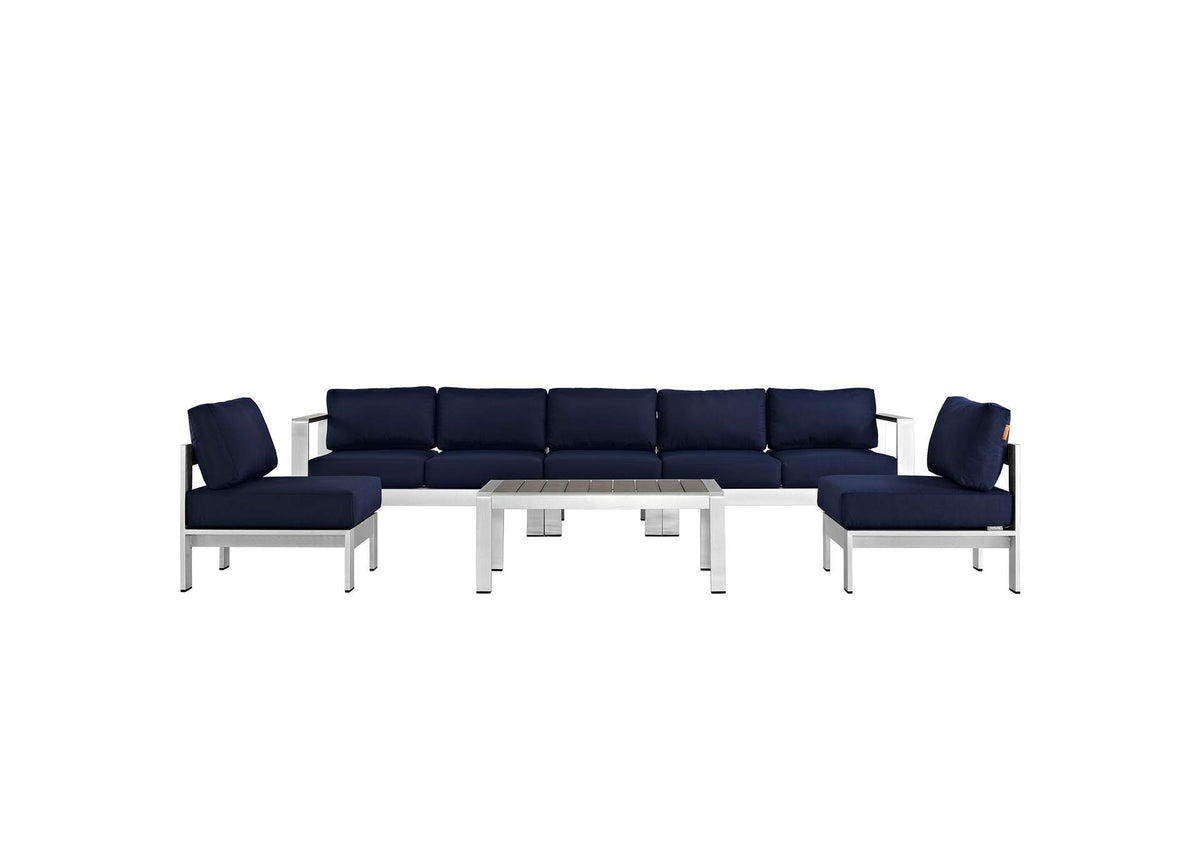 EEI-2565-SLV-NAV Shore 6 Piece Outdoor Patio Aluminum Sectional Sofa Set By Modway
