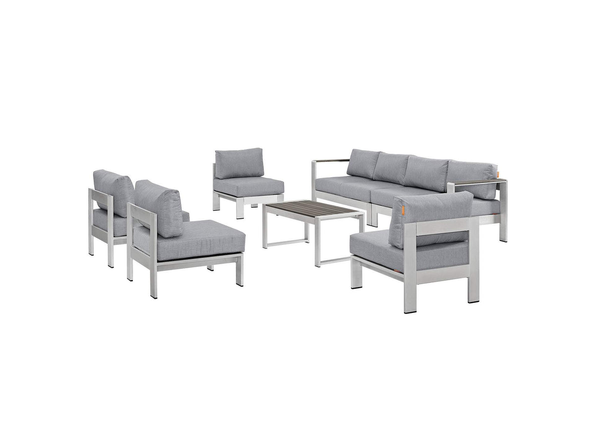 EEI-2566-SLV-GRY Shore 7 Piece Outdoor Patio Sectional Sofa Set By Modway