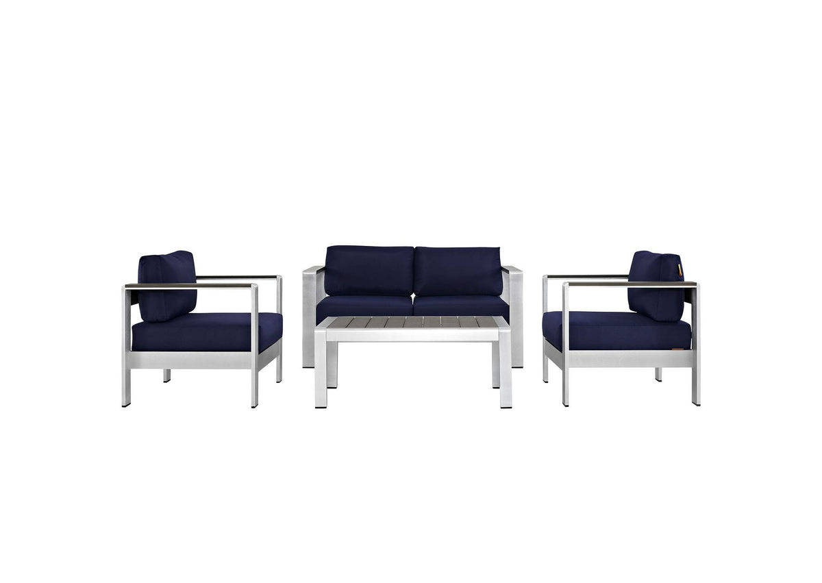 EEI-2567-SLV-NAV Shore 4 Piece Outdoor Patio Aluminum Sectional Sofa Set By Modway