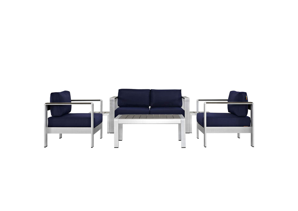 EEI-2568-SLV-NAV Shore 6 Piece Outdoor Patio Aluminum Sectional Sofa Set By Modway