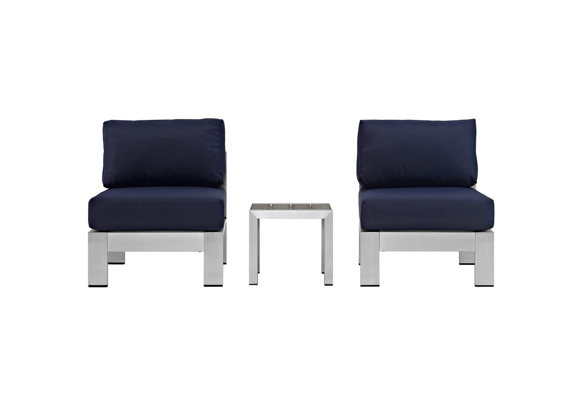 EEI-2598-SLV-NAV Shore 3 Piece Outdoor Patio Aluminum Sectional Sofa Set By Modway