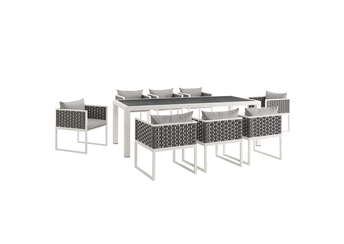 EEI-3186-WHI-GRY-SET Stance 9 Piece Outdoor Patio Aluminum Dining Set By Modway