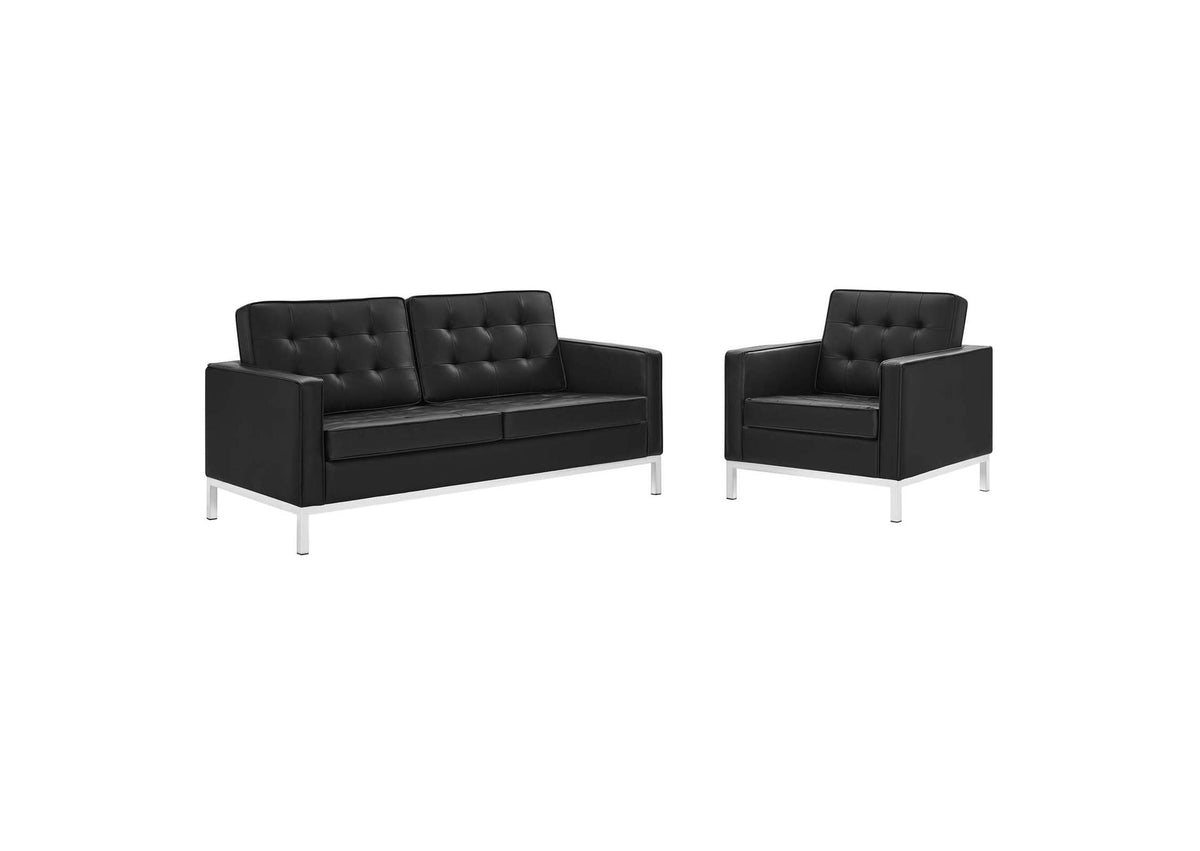 EEI-4102-SLV-BLK-SET Loft Tufted Upholstered Faux Leather Loveseat And Armchair Set By Modway