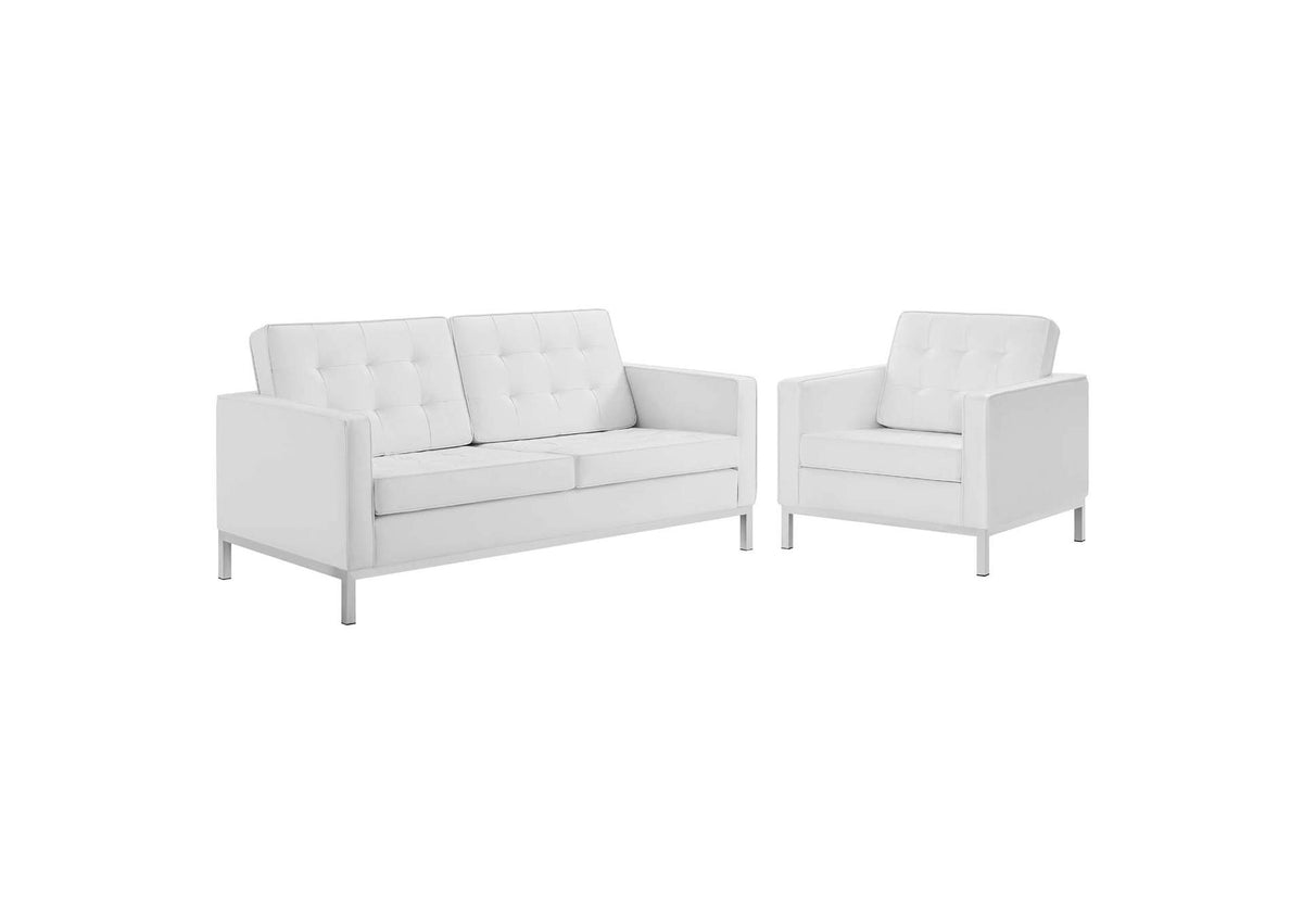 EEI-4102-SLV-WHI-SET Loft Tufted Upholstered Faux Leather Loveseat And Armchair Set By Modway