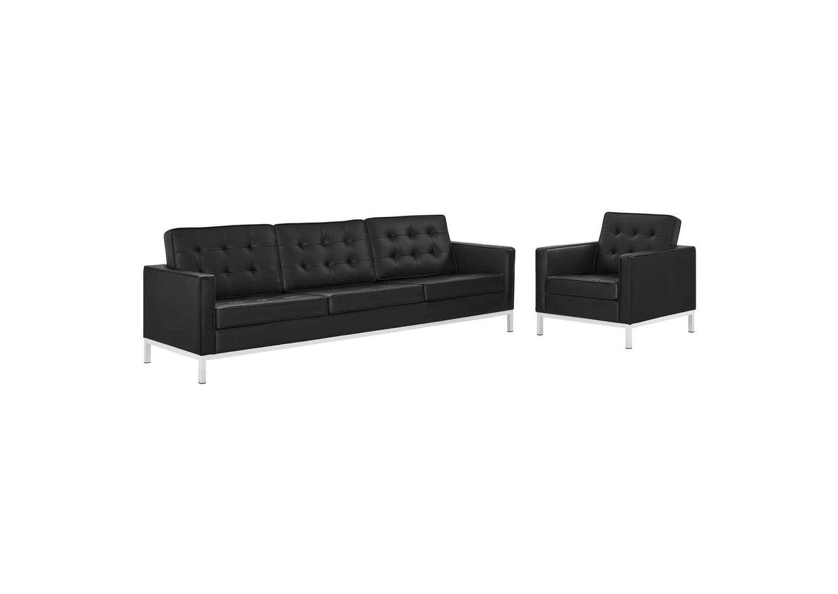 EEI-4104-SLV-BLK-SET Loft Tufted Upholstered Faux Leather Sofa And Armchair Set By Modway