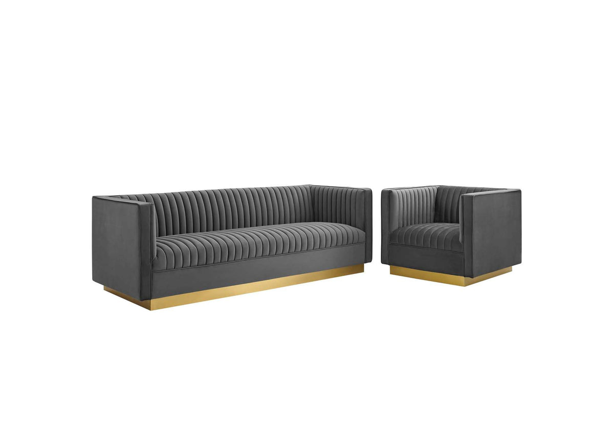 EEI-4143-GRY-SET Sanguine Vertical Channel Tufted Upholstered Performance Velvet Sofa And Armchair Set By Modway