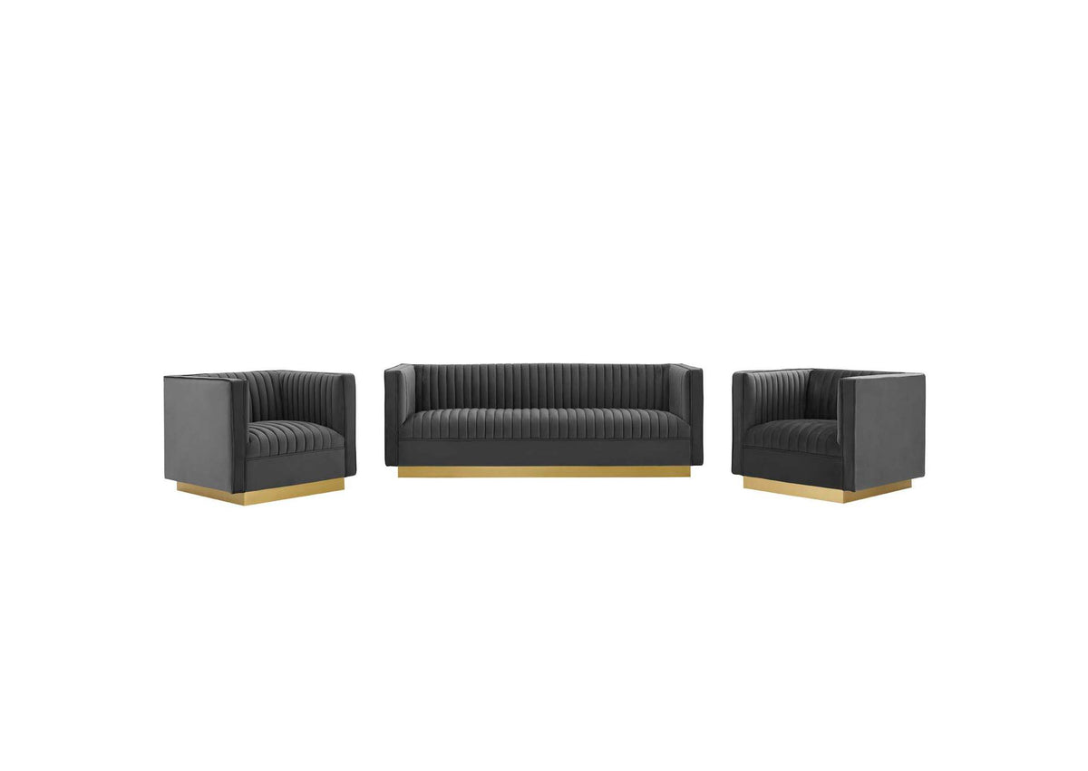 EEI-4144-GRY-SET Sanguine 3 Piece Vertical Channel Tufted Upholstered Performance Velvet Set By Modway