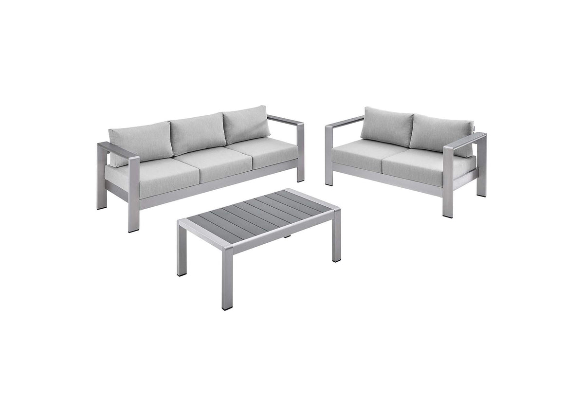 EEI-4313-SLV-GRY-SET Shore 3 Piece Sunbrella® Fabric Outdoor Patio Aluminum Set By Modway