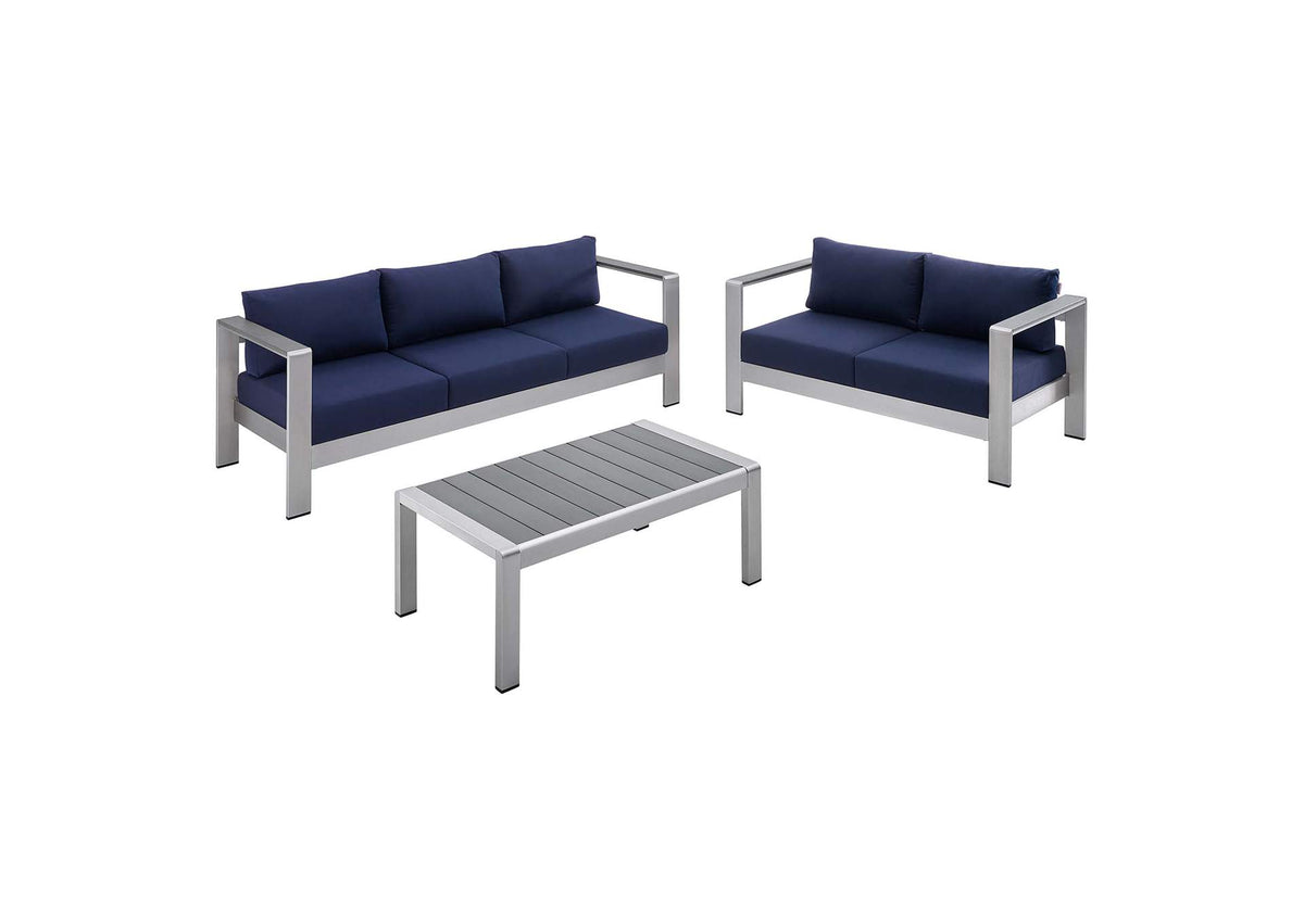 EEI-4313-SLV-NAV-SET Shore 3 Piece Sunbrella® Fabric Outdoor Patio Aluminum Set By Modway