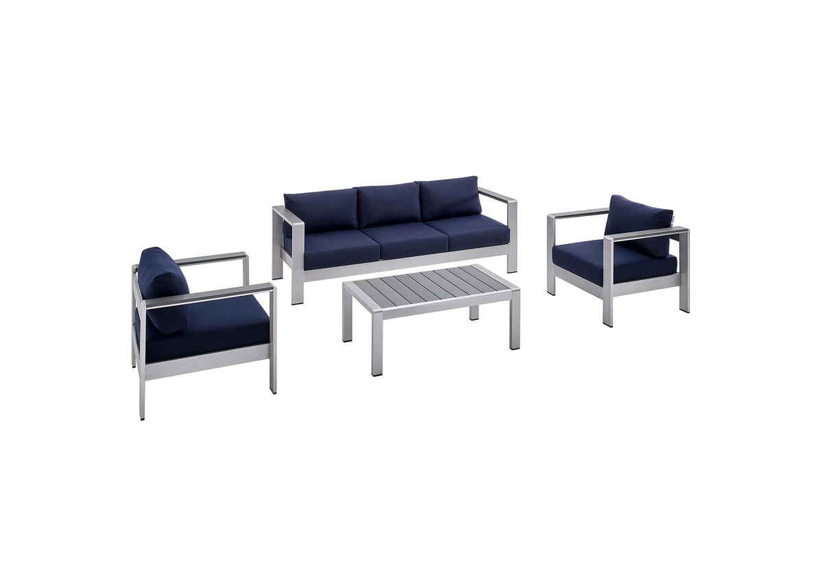 EEI-4316-SLV-NAV-SET Shore 4 Piece Sunbrella® Fabric Outdoor Patio Aluminum Set By Modway